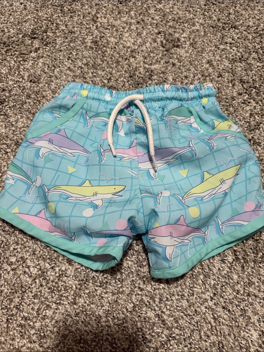 Pastel Shark Print Kids Swim Trunks - Aqua